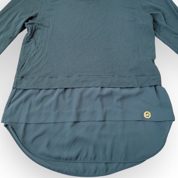 Michael Kors Dark Green 3/4 Sleeve Knit Layer Chiffon Hem Blouse Women Sz S - Picture 6 of 8